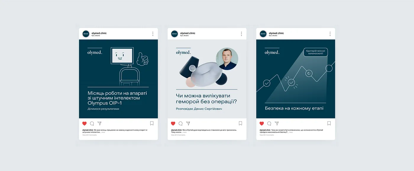 Olymed clinic rebranding — visual identity reflecting medical precision and emotional comfort.